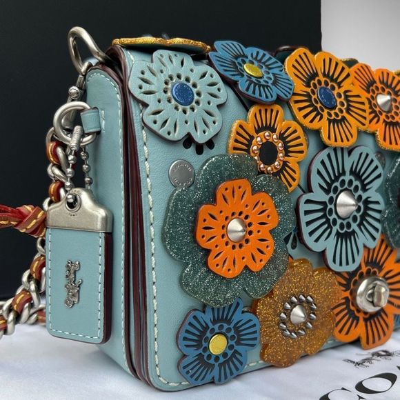 AUTH Coach 1941 Dinky with Glitter Tea Rose Bag, Dust Bag, Gift Box Steel Blue - Picture 8 of 16